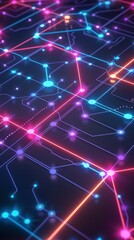 Isometric interconnected nodes in neon light. Abstract technology background
