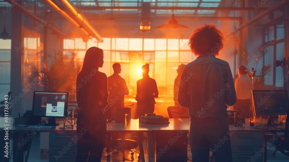 Sticker A group of people standing around a desk in an office, soft lighting gradient. Generative AI.