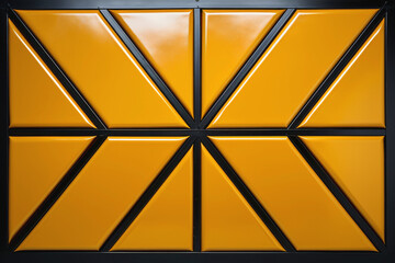 Modern metallic yellow and black wall pattern with embossed geometric chevron pattern and intersecting X stripes
