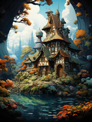 Obraz premium Cabin in the Wood, Cartoon Illustration, Generative AI