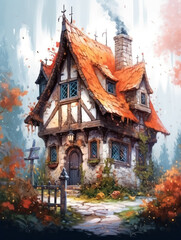Obraz premium Cabin in the Wood, Cartoon Illustration, Generative AI