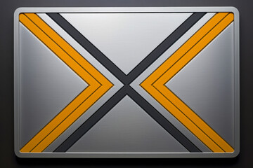 Close-up of stainless steel plaque featuring striking design with chevron pattern and intersecting X stripes in yellow, black, and silver metallic tones