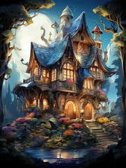 Obraz premium Cabin in the Wood, Cartoon Illustration, Generative AI