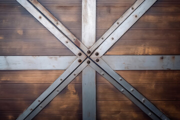 Close-up of weathered wooden wall adorned with metallic studs, featuring an intricate chevron pattern with intersecting X stripes