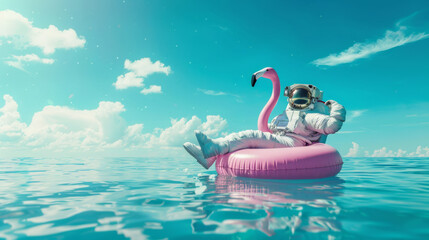 Summer concept, an astronaut relaxing on pink flamingo inflatable raft floating in the sea, happy vacation in summer.