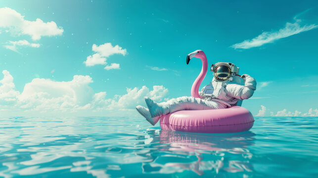 Summer concept, an astronaut relaxing on pink flamingo inflatable raft floating in the sea, happy vacation in summer.