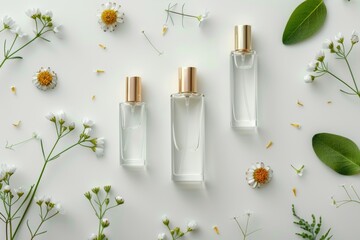 Pampering aroma compounds from sustainable sources blend with women's fragrances against a backdrop that promotes eco-friendly, stylish self-care