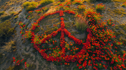 Memorial Day peace sign med by a striking artistic array of poppies.