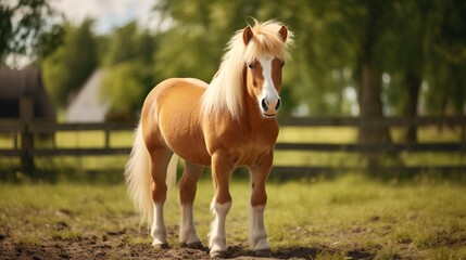 Obraz premium A majestic pony standing in a sunlit pasture, with a fence and trees in the background, radiating a calm and peaceful atmosphere.