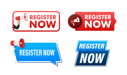 Register now text with Megaphone label set. Megaphone in hand promotion banner. Marketing and advertising