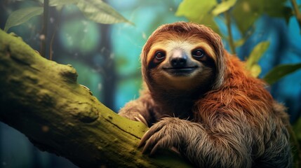 Fototapeta premium A cute sloth resting on a tree branch, surrounded by lush green foliage in a tropical rainforest, with a relaxed expression.