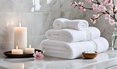  Spa background towel bathroom white luxury concept massage candle bath. Bathroom white wellness spa background towel relax aromatherapy flower accessory Zen therapy aroma beauty setting table salt oi