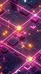 Isometric interconnected nodes in neon light. Abstract technology background