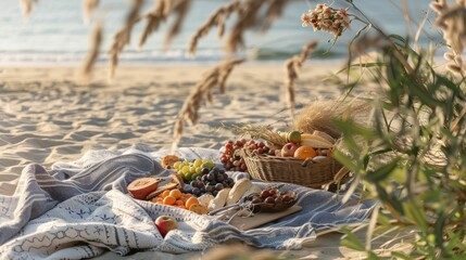 A beach picnic set up with a colorful fruit basket and cozy blanket overlooking the serene body of water, surrounded by nature and stunning landscape AIG50