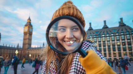 exploration, travel, tourism, and people concept - happy smiling young woman or teenage girl looking
