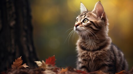 Obraz premium A curious kitten sitting among autumn leaves, looking up with an attentive expression, in a warm and colorful outdoor setting.
