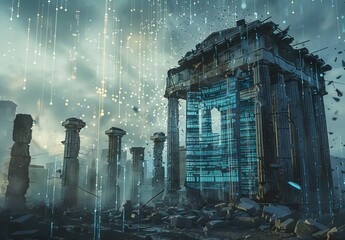 Economic crisis and digital indicators overlay a ruined city backdrop with bank, phone, online market tech. Generative AI