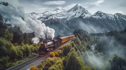 Poster de jardin  A vintage steam train chugging through a scenic mountain landscape, with snow-capped peaks and lush forests in the background. Generative AI.  © visoot