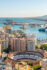 Fototapeta premium Aerial view of the city center and port of Malaga, Spain