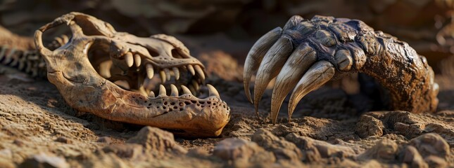 Close-up detailed view of a tapir-like herbivores claw and adjacent fossil skull fragment
