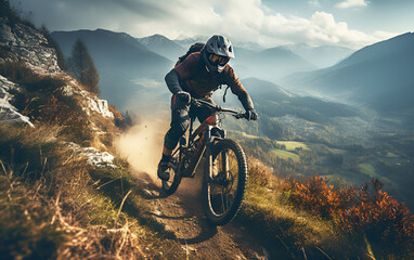 Caucasian man cyclist riding bicycle on mountain trail. 
Sport mountain bike. - Powered by Adobe