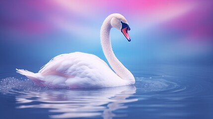 Obraz premium A serene swan gracefully glides on calm water, surrounded by soft, pastel reflections. Perfect for nature and wildlife themes.