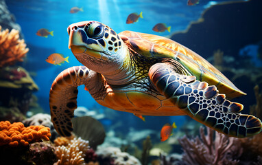 Turtle in tropical sea underwater with coral reef in blue ocean