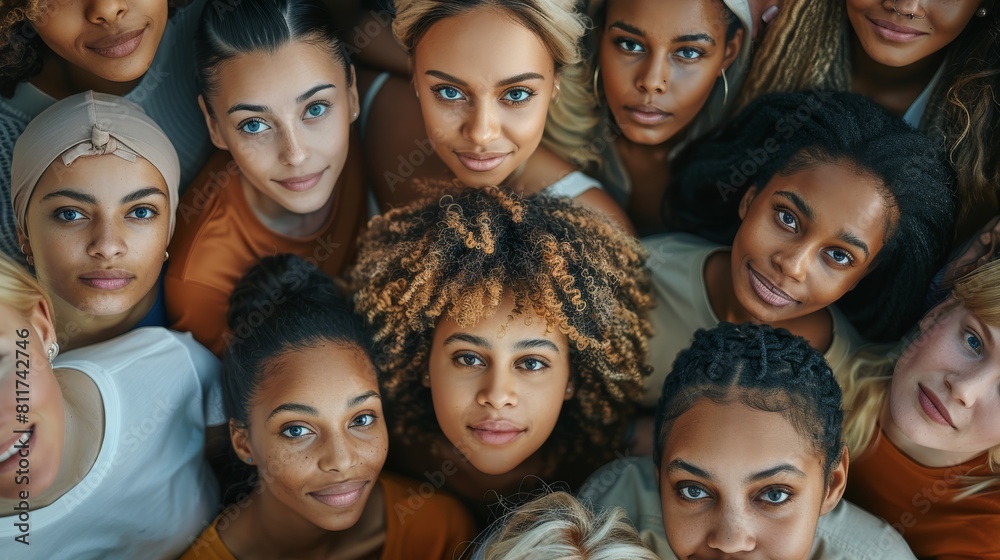 Poster A large multi-ethnic group of people is looking at the camera directly above. Generative AI.