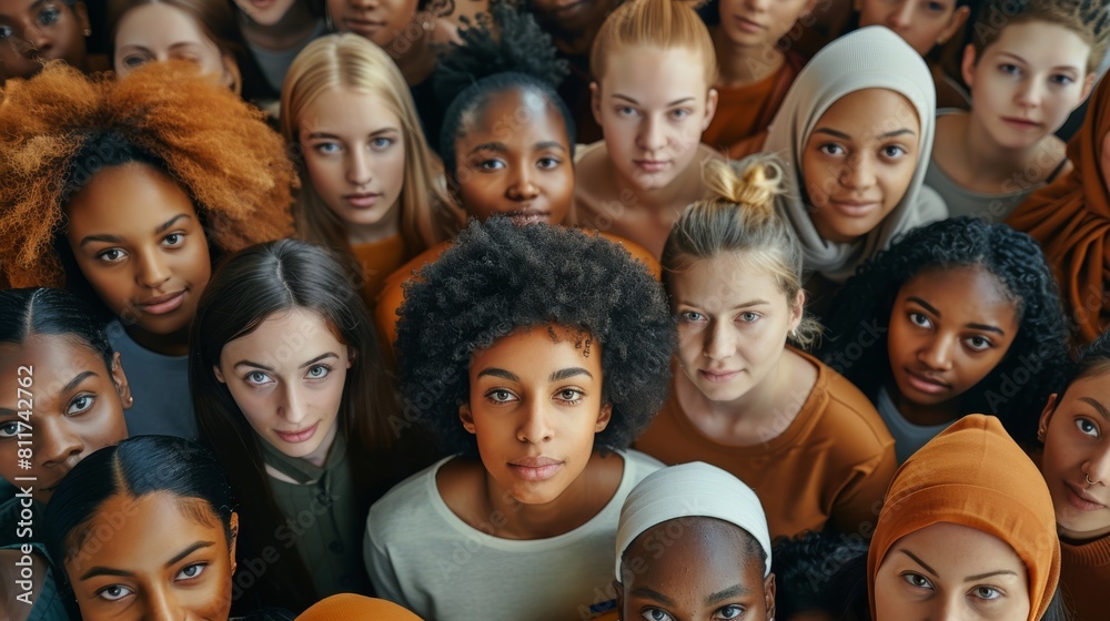 Aufkleber a large multi-ethnic group of people is looking at the camera directly above. generative ai.