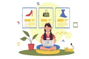 Shopping concept illustrations. Woman sitting with her laptop looking for shopping items. Modern vector for graphic and web design.