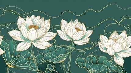 A lotus pattern background with white and gold lines in the vector illustration style, turquoise blue gradient background, flat design, in the style of Chinese painting.