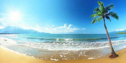 A beautiful beach with a palm tree in the foreground