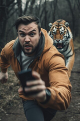Obraz premium A man in motion, running with a tiger visible in the background of the scene