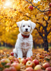 Dog is apple tree sitting 