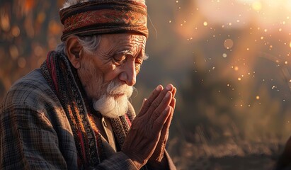 Elderly Asian man in prayer at sunset with warm light - Powered by Adobe