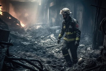 Fototapeta premium A firefighter in full gear carefully navigates through the charred remains of a building destroyed by fire