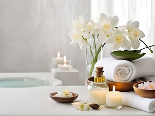  Spa background towel bathroom white luxury concept massage candle bath. Bathroom white wellness spa background towel relax aromatherapy flower accessory Zen therapy aroma beauty setting table salt oi