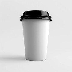 A white paper takeaway cup with a black lid, isolated on a white background. Ideal for hot drinks like coffee or tea. Perfect for mockups, branding, or logo presentations.
