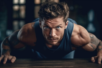 A man is doing push-ups on a wooden table, showcasing his strength and fitness in an unconventional workout setting