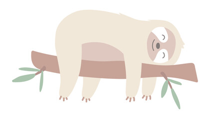 Cute sloth laying on branch in flat design. Happy lazy pet relaxing. Vector illustration isolated.