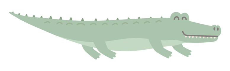 Cute crocodile in flat design. Happy wildlife alligator, safari reptile. Vector illustration isolated.