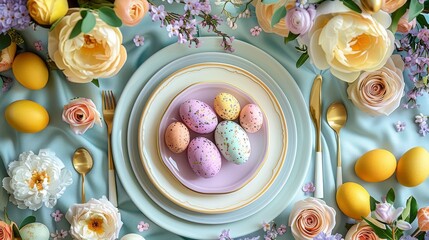 A top down high angle view of a table with Easter table setting, peachy , yellow, and lavender pastel colors. Generative AI.