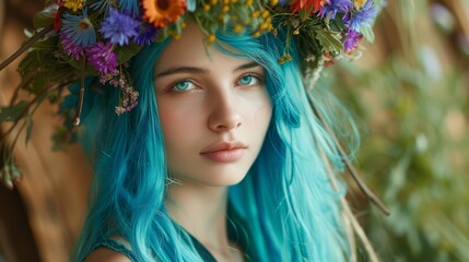 Dreamy young woman with blue hair and floral wreath, suitable for creative and nature-inspired themes.