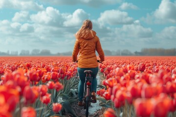 An individual in a yellow jacket rides a bike through a vibrant tulip field under a blue cloudy sky, emphasizing leisure and connection to nature