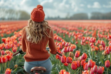 In a scene of autumnal warmth, a woman in knitwear bikes among tulips, contrasting with the typical spring setting of such flowers
