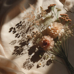flowers on the rustic cloth with shadows and window light