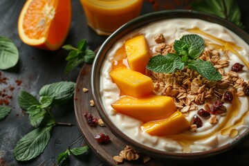 Creamy yogurt complemented with ripe mango slices, crunchy granola, and a drizzle of honey, presented in a rustic bowl - Powered by Adobe