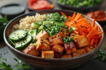 Vibrant and colorful tofu poke bowl with a mix of fresh vegetables, grain, and a sprinkle of seeds