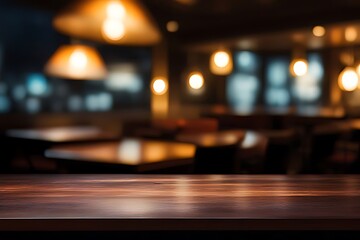 Wood table top, Bar with blur, dark night cafe background