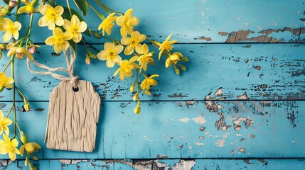 Yellow and blue spring flowers and empty tag for text  on turquoise  painted wooden planks.